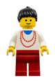 Minifigure with red necklace and red legs, featuring black ponytail hair - trn003