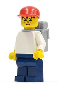 Timmy Minifigure - Timmy with dark blue legs wearing a red cap and carrying a backpack - trn004