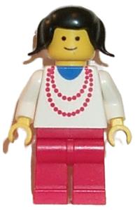 Female with Red Necklace Minifigure - Minifigure wearing a red necklace with red legs and black pigtails hair - trn007