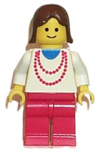 Female with Red Necklace Minifigure - Minifigure with a red necklace, red legs, and brown female hair - trn008