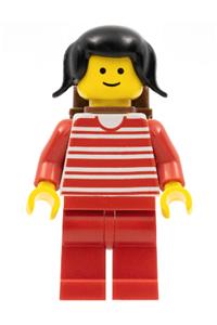 Horizontal Lines Red Minifigure - Minifigure with red arms, red legs, and horizontal lines, with black pigtails hair - trn009