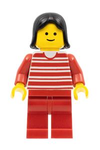 Male Minifigure - Minifigure with horizontal red lines, red arms, red legs, and black female hair - trn010