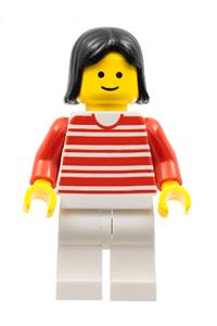Female Minifigure - Red horizontal lines minifigure with red arms, white legs, and black female hair - trn011