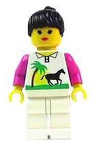 Female Train Passenger Minifigure - Minifigure with ponytail hair, white legs, horse and palm accessories - trn013