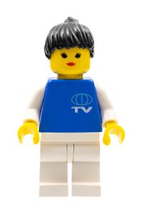 TV Crew Minifigure - Minifigure with TV logo small pattern, white legs, and black ponytail hair - trn017
