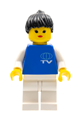 Minifigure with TV logo small pattern, white legs, and black ponytail hair - trn017