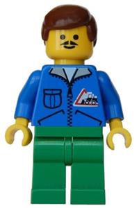 Male Construction Worker Minifigure - Minifigure with brown male hair and green legs, representing a bulldozer logo - trn018
