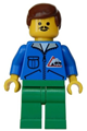 Minifigure with brown male hair and green legs, representing a bulldozer logo - trn018