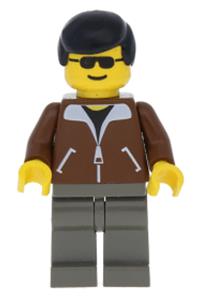 Male Passenger in Brown Jacket - Male minifigure with black hair wearing a dark gray jacket and black legs - trn019