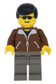 Male minifigure with black hair wearing a dark gray jacket and black legs - trn019
