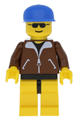 Minifigure with brown jacket, yellow legs, and a blue cap - trn020