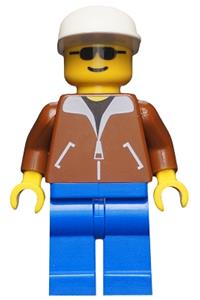 Train Passenger Male Minifigure - Minifigure wearing a blue jacket with brown legs and a white cap - trn022