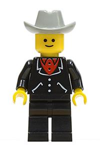 Male in Black Suit Minifigure - Male wearing a black suit with 3 buttons, light gray cowboy hat, on black legs - trn023