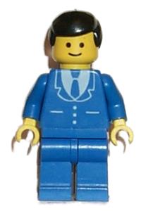 Male in Blue Suit Minifigure - Male minifigure in a blue suit with 3 buttons, black hair, and blue legs - trn027
