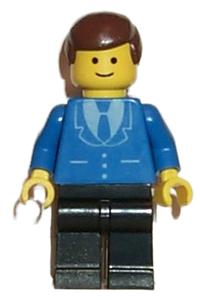 Male in Blue Suit Minifigure - Minifigure wearing a blue suit with 3 buttons, black legs, and brown male hair - trn028