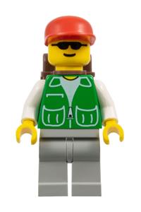 Male Passenger in Green Jacket - Minifigure with light gray legs wearing a green jacket with 2 large pockets, a red cap, and a brown backpack - trn029