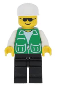 Male Passenger in Green Jacket - Minifigure with a green jacket with 2 large pockets, black legs, and a white cap - trn030
