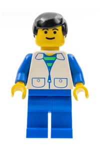 Male in White Suit Vest Minifigure - Minifigure with black male hair wearing a suit with 2 pockets and blue legs - trn031