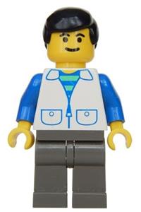 Male in White Suit Vest Minifigure - Minifigure with a white suit with 2 pockets, dark gray legs, and black male hair - trn032