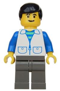 Male in White Suit Vest Minifigure - Minifigure wearing a white suit with 2 pockets, light gray legs, and brown male hair - trn033