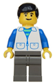 Minifigure wearing a white suit with 2 pockets, light gray legs, and brown male hair - trn033