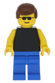 Minifigure with a plain black torso and yellow arms, blue legs, sunglasses, and brown male hair - trn034