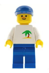 Boy with Palm Tree Shirt Minifigure - Minifigure with blue legs and a blue cap, palm tree pattern - trn036