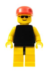 Male Minifigure - Minifigure wearing plain black torso with yellow arms and legs, sunglasses, and a red cap - trn037