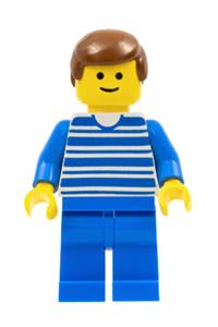 Passenger Minifigure - Minifigure with blue horizontal lines, blue arms, and legs, wearing brown male hair - trn039