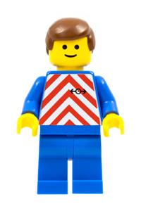 Red & White Stripes Minifigure - Minifigure with red and white stripes wearing blue legs and brown male hair - trn047