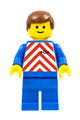 Minifigure with red and white stripes wearing blue legs and brown male hair - trn047