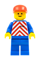 Minifigure with red and white striped torso, blue legs, and a red cap - trn048