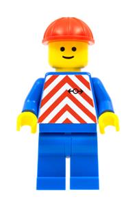 Railroad Worker Minifigure - Red & White Stripes - Blue Legs, Red Construction Helmet - trn049
