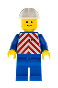 Construction Worker Minifigure - Minifigure with red and white stripes wearing a white construction helmet and blue legs - trn051