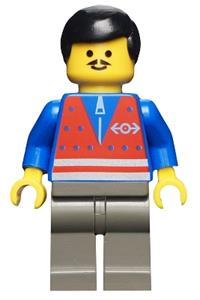 Train Mechanic Operator Minifigure - Minifigure with a red vest and zipper, dark gray legs, and black male hair - trn052