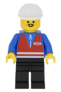 Construction Worker Minifigure - Minifigure with white construction helmet, wearing red vest with zipper and black legs - trn053