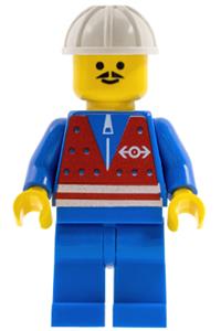 Construction Worker Minifigure - Train worker wearing a red vest with zipper, a white construction helmet, blue legs, and a moustache - trn054
