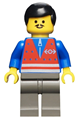 Minifigure with dark gray legs, wearing a red vest and zipper, a white construction helmet, and a moustache - trn055