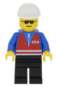 Construction Worker Minifigure - Minifigure wearing a red vest with a zipper, black legs, white construction helmet, and sunglasses - trn056