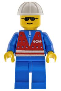 Construction Worker Minifigure - Train worker with blue legs, wearing a red vest with a zipper, white construction helmet, and sunglasses - trn057