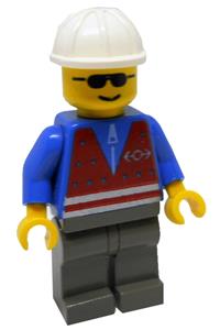 Train Operator Minifigure - Minifigure with a white construction helmet and sunglasses, wearing a red vest with zipper and dark gray legs - trn058
