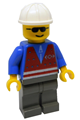 Minifigure with a white construction helmet and sunglasses, wearing a red vest with zipper and dark gray legs - trn058