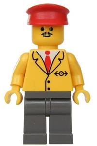 Railway Employee Minifigure - Railway employee number 5 with dark gray legs and a red hat - trn061