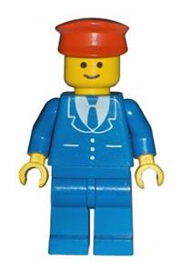 Conductor Minifigure - Blue-suited minifigure with 3 button details, blue legs, and a red hat - trn068