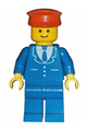 Blue-suited minifigure with 3 button details, blue legs, and a red hat - trn068