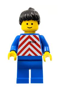 Red & White Stripes Minifigure - Minifigure with red and white striped attire, black ponytail hair, and blue legs - trn071