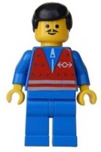 Construction Worker Minifigure - Minifigure with a red vest and zipper, blue legs, and black male hair - trn072