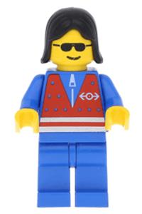 Construction Worker Minifigure - Minifigure with black female hair wearing a red vest and zipper, along with blue legs - trn073