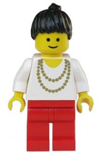 Female with Gold Necklace - Minifigure with black ponytail hair wearing gold necklace and red legs - trn077