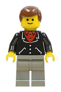 Male in Black Suit Minifigure - Male minifigure wearing a suit with 3 black buttons, light gray legs, and brown hair - trn078